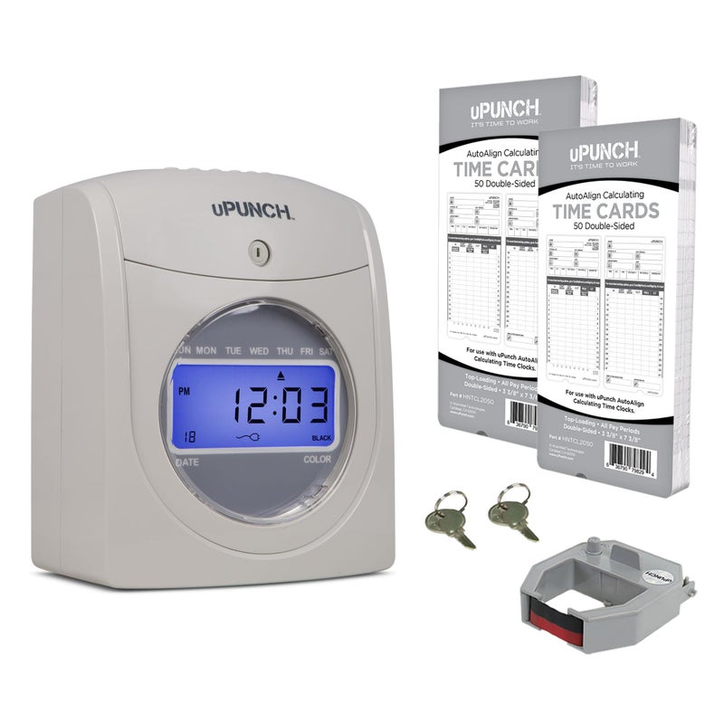 uPunch HN2500 Calculating Time Clock Bundle for Small Business: Auto Align Employee Time Tracking System with 100 Time Cards, Ribbon, and Keys - Image 1